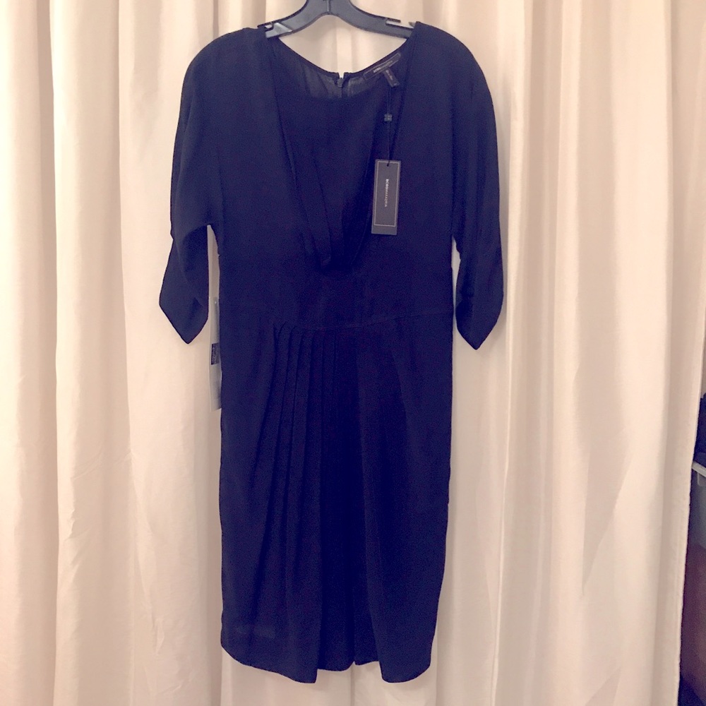 BCBG LBD Knee Length Pleated Black Dress With Batwing sleeves NWT